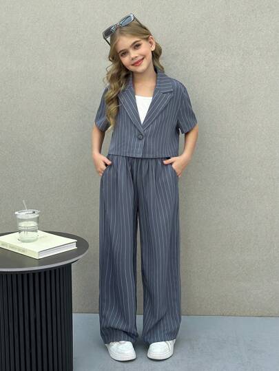 تيشيرتات بناتي طقم ملابس علوية كم قصير ذو ياقة منحرفة وبنطال ساق مستقيمة لفتيات NOVA GLOW ذوات اللون الواحد المنسوج