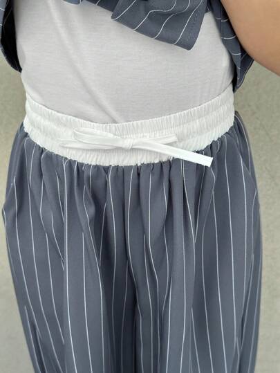 تيشيرتات بناتي طقم ملابس علوية كم قصير ذو ياقة منحرفة وبنطال ساق مستقيمة لفتيات NOVA GLOW ذوات اللون الواحد المنسوج