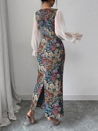 Modelyn فستان أنيق بطبعات ملونة من ربطة عنق شيفون مربعة ، خصر ضيق ، أكمام طويلة ، وتصميم A-Line