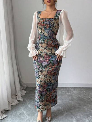 Modelyn فستان أنيق بطبعات ملونة من ربطة عنق شيفون مربعة ، خصر ضيق ، أكمام طويلة ، وتصميم A-Line