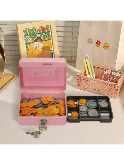 أثاث مكتبي صندوق نقدي صغير مع صينية نقود، صندوق أمان صغير مع مفتاح وجرف، وردي، لوازم مدرسية، العودة إلى المدرسة