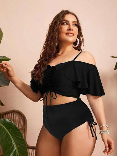 Swim Lushoire مجموعة بكيني قطعتين للسيدات ذات الحجم الكبير ذات لون أحادي بحمالات رفيعة من الكتف مع كشكش وسحاب انقسام، صيفي أنيق وأنيق للعطلات