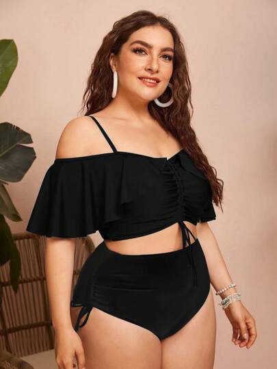 Swim Lushoire مجموعة بكيني قطعتين للسيدات ذات الحجم الكبير ذات لون أحادي بحمالات رفيعة من الكتف مع كشكش وسحاب انقسام، صيفي أنيق وأنيق للعطلات