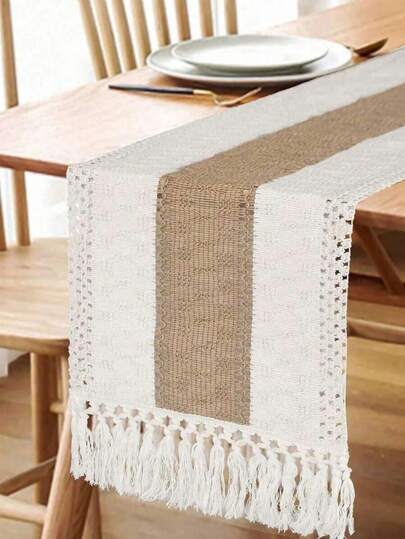 قطعة واحدة من عداء المائدة نمط البوهيمي بطريقة النسيج المعقد للديكور المنزلي، عداء مائدة بني وكريمي بطريقة النسيج المعقد مع شراريب للديكور البوهيمي والسرير والمطبخ الريفي، ديكور حمام زفاف، عداء مائدة ريفي، سجادة المائدة، ديكور المنزل في والميلاد...