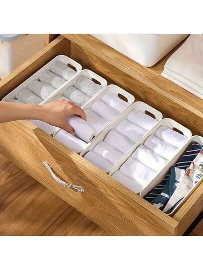 10 صندوق بلاستيكي قابل للتكديس مع مقابض، مناسب للمكتب والمنزل والخزانة؛ 5 / 2 سلال تخزين متعددة الاستخدامات، حاويات متينة للجوارب والملابس الداخلية والقرطاسية والمستحضرات التجميلية؛ صناديق تخزين بأسلوب الرف المدخر للمساحة [قد يكون البلاستيك مشوها...