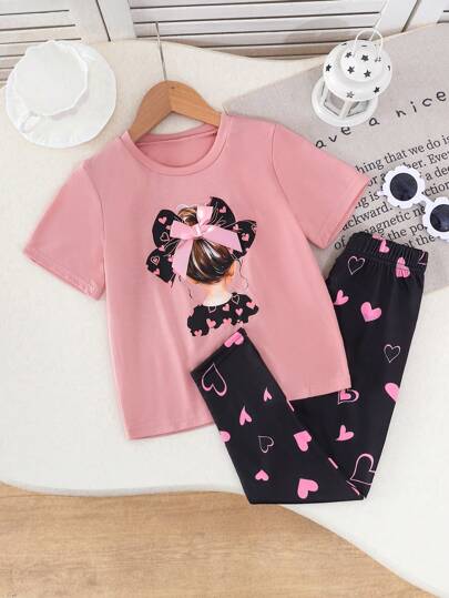 تيشيرتات بناتي ملابس علوية فراشة رمضان للفتاة الصغيرة، ملابس علوية صيفي لطيف وحي مزين بتصميم فراشة ثلاثية الأبعاد، مقترن مع سروال ضيق أسود ، بطبعة قلوب أنيقة ومناسبة لعيد الحب ، مناسبة للارتداء داخل وخارج المنزل