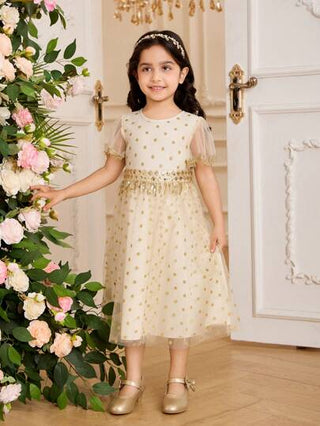 فستان أطفال Glamorique Kids فستان من الشباك الحريري بنقش البولكا نقاط الذهبي والثريا، قماش شفاف ملؤه الأحلام، مناسب لحفلات عيد الميلاد والمناسبات العائلية، يمكّن الفتيات الصغيرات من جذب الأنظار وإبراز حلاوتهن وأناقتهن