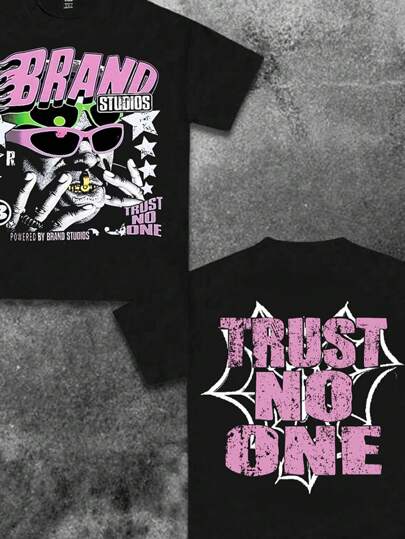 SHEIN تي شيرت تي شيرت أكمام قصيرة ذو رقبة دائرية للأولاد المراهقين، لا تثق في أحد"، رسمة حرفية، مناسب للصيف