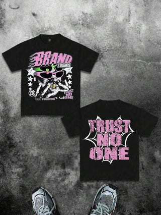 SHEIN تي شيرت تي شيرت أكمام قصيرة ذو رقبة دائرية للأولاد المراهقين، لا تثق في أحد"، رسمة حرفية، مناسب للصيف