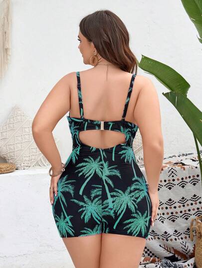 SHEIN Swim Curve ملابس سباحة من قطعة واحدة للنساء كبيرات الحجم ، مطبوعة عشوائية ، مزودة بحمالات وسلك داعم، بتصميم خصر مفرغ وقصة إثارية للصيف