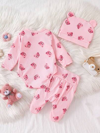 SHEIN 3 مجموعة بيجامة جديدة للأطفال حديثي الولادة مكونة من بدلة واقية مطبوع عليها دب زهري اللون مع سروال وقبعة، طقم ملابس منزلية مريحة