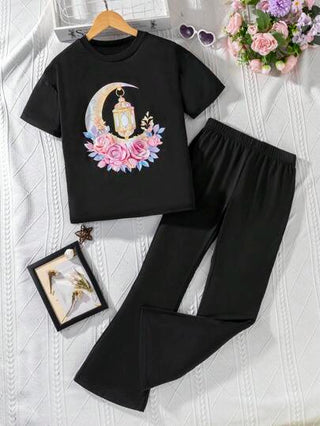 girls-sets طقم فتاة عمر المراهقة 2 قطعة، تي شيرت كاجوال بطباعة القمر والزهور + سروال واسع، طقم تي شيرت أكمام قصيرة وبنطلون طويل