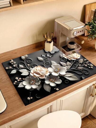 قطعة واحدة وسادة تجفيف امتصاصية بنمط زهري ثلاثي الأبعاد ، وسادة تجفيف مطبخ مقاومة للماء جديدة ، وسادة سيليكون ناعمة مقاومة للانزلاق وسريعة الجفاف للمطبخ، مناسبة لصانعات القهوة والمزيد ، ألواح وأوعية للترتيب المنزلي