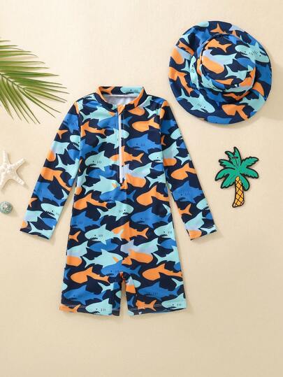 مايوه أولادي بدلة سباحة بكم طويل قطعة واحدة لصبي، بلون أزرق وتصميم قرش ملون، طويلة الأكمام، بسحاب للارتداء السهل، مع قبعة شمس