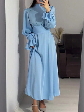 فساتين حريمي ثوب سهرة نسائي أنيق مزين بالكشكشة والربطة، من تصميم اللحام والياقات الرجعية، من القماش الأطلسي الصلب، لإطلالة مميزة