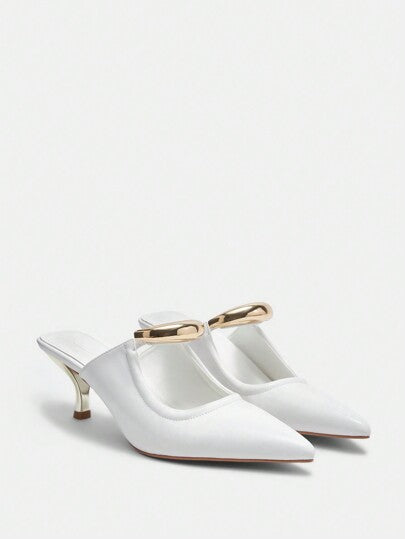 CUCCOO BIZCHIC أحذية كعب عالي بنعل مدبب، مزين بهلال ذهبي أنيق، مناسب للعمل والمناسبات الرسمية والملابس المكتبية، أحذية مول ، جلد وبي يو أبيض