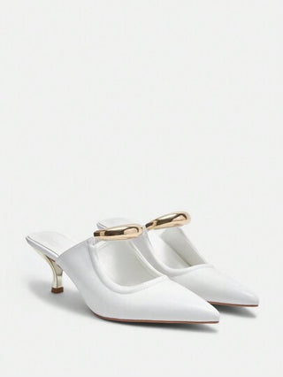 CUCCOO BIZCHIC أحذية كعب عالي بنعل مدبب، مزين بهلال ذهبي أنيق، مناسب للعمل والمناسبات الرسمية والملابس المكتبية، أحذية مول ، جلد وبي يو أبيض