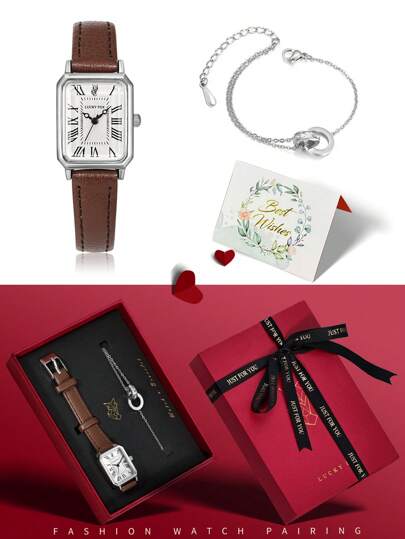 LUCKYFOX ساعة كوارتز بطارية بنات لوكي فوكس هدية مجموعة ، للمراهقات والشباب، تأتي مع سلسلة المعصم ، رجعية/كاجوال سواراليدمن سبيكة الزنك إطار مربع من الجلد ، ساعة، مع علبة هدية وبطاقة تهنئة