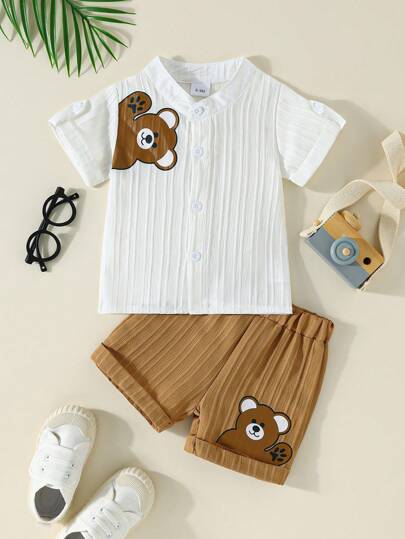 قميص كاجوال أبيض بياقة مستديرة نسيج نسيج، متعدد الاستخدامات مريح, وبدلة أوسبورت خارجية لصبية برباط خصر مطاطي، بألوان بنى وأصفر مطرزة، مناسب للربيع والخريف