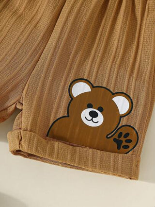 قميص كاجوال أبيض بياقة مستديرة نسيج نسيج، متعدد الاستخدامات مريح, وبدلة أوسبورت خارجية لصبية برباط خصر مطاطي، بألوان بنى وأصفر مطرزة، مناسب للربيع والخريف