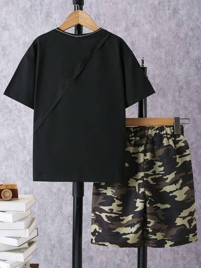 بنطال وطقم تي شيرت فضفاض سترة كامو صيفي مع جيوب وحقيبة للأولاد بعمر المراهقة