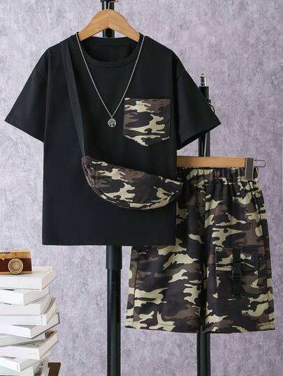 بنطال وطقم تي شيرت فضفاض سترة كامو صيفي مع جيوب وحقيبة للأولاد بعمر المراهقة