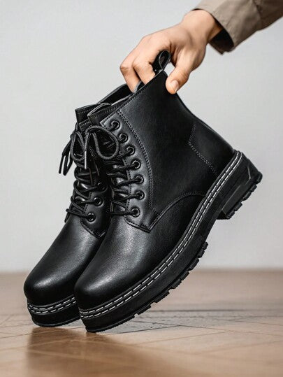 بوت رفع ذات سطح لامع أسود نقي للرجال مع بطانة سميكة، بوت أكسفورد وأحذية رسمية