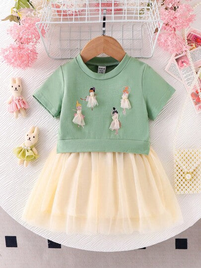 فساتين بيبي فستان قطني للأطفال بنات بأكمام قصيرة وطبعات كرتونية على الطراز الأوروبي والأمريكي الجديف مع حاشية من الشبك اللون المشمشي