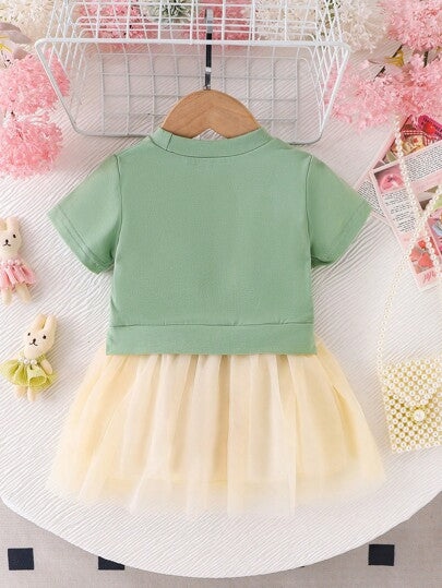 فساتين بيبي فستان قطني للأطفال بنات بأكمام قصيرة وطبعات كرتونية على الطراز الأوروبي والأمريكي الجديف مع حاشية من الشبك اللون المشمشي