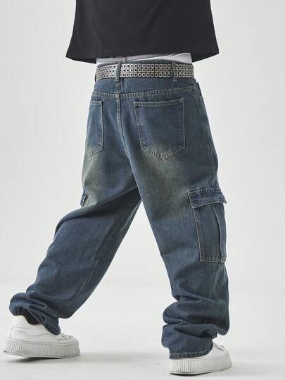 Manfinity EMRG السراويل الجينز الرجالي السائبة البسيطة مع جيوب، للارتداء اليومي والتنقل