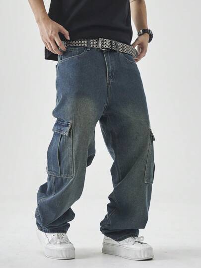 Manfinity EMRG السراويل الجينز الرجالي السائبة البسيطة مع جيوب، للارتداء اليومي والتنقل