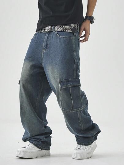 Manfinity EMRG السراويل الجينز الرجالي السائبة البسيطة مع جيوب، للارتداء اليومي والتنقل