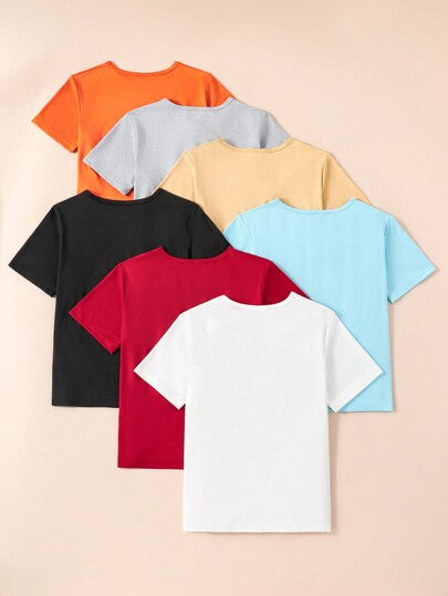 SHEIN 7 قطع/مجموعة قمصان من الأفرول التريكو الكاجوال متعددة الألوان للفتيان المراهقين