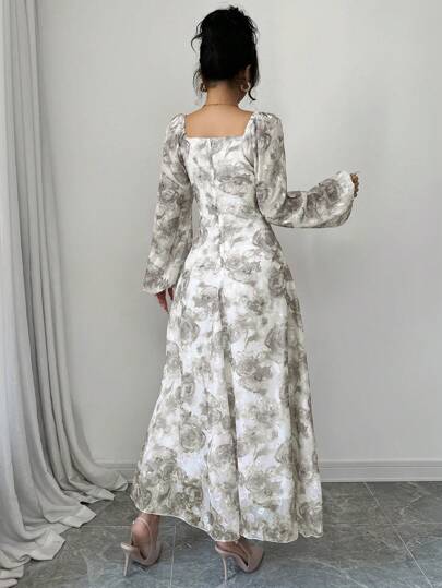 Mulvari العيد فستان أنيق بأكمام طويلة وياقة مربعة مطبوع بطبعة نباتية بسيطة للنساء