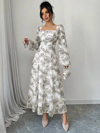 Mulvari العيد فستان أنيق بأكمام طويلة وياقة مربعة مطبوع بطبعة نباتية بسيطة للنساء