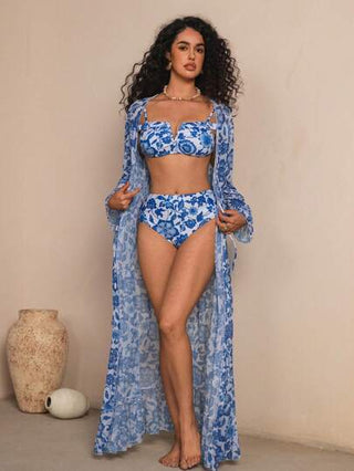 Swim Oasis مجموعة بيكيني مكونة من 3 قطع ذو طبعة نباتية بوهيمية - حسام على شكل V، أكتاف مفتوحة وأسفل عالي الخصر، غطاء طويل الأكمام شبكي مع رباط الخصر، مناسب للاستخدام في الشاطئ والعطلات الصيفية