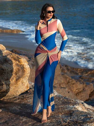 Swim Shayni مجموعة ملابس شاطئ إسلامية تتكون من 3 قطع: قمصان بلا أكمام مطبوعة بنمط ألوان مجزأة وسحاب أمامي + تنورة طويلة للتغطية، مناسبة لفصلي الربيع والصيف