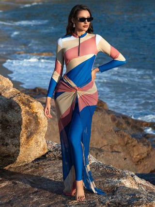 Swim Shayni مجموعة ملابس شاطئ إسلامية تتكون من 3 قطع: قمصان بلا أكمام مطبوعة بنمط ألوان مجزأة وسحاب أمامي + تنورة طويلة للتغطية، مناسبة لفصلي الربيع والصيف