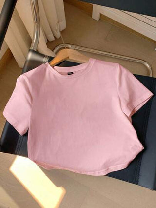 EZwear تيشرت قصير بياقة طاقم بأكمام قصيرة ضيق محصور وبتصميم عصري بسيط باللون الوردي للنساء ، صيفي