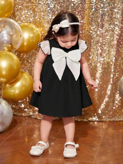 فساتين بيبي فستان بنات رضع منسوج بفيونكة، مناسب لحفلات عيد الميلاد والتجمعات