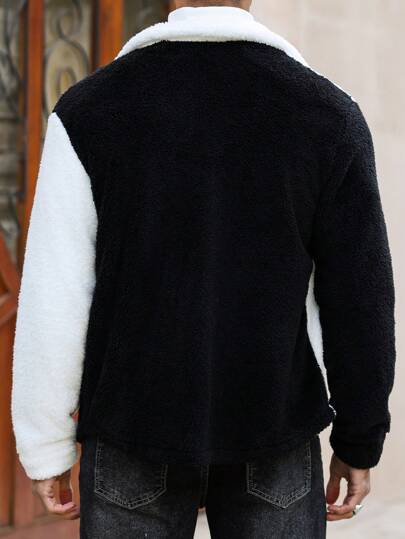 Manfinity Roghcode جاكيت كاجوال ذات لون واحد بشريط تباين وجيب أمامي ، طويلة الأكمام بفرو، تنورة للرجال، كاردجان رجالي، جاكيت قطيفة رجالي، جاكيت قطيفة رجالية، معطف شتوي للرجال