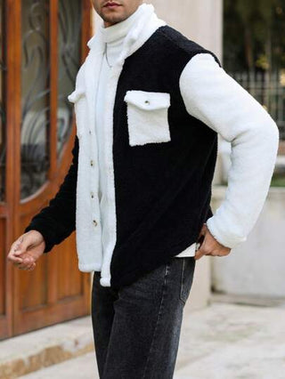 Manfinity Roghcode جاكيت كاجوال ذات لون واحد بشريط تباين وجيب أمامي ، طويلة الأكمام بفرو، تنورة للرجال، كاردجان رجالي، جاكيت قطيفة رجالي، جاكيت قطيفة رجالية، معطف شتوي للرجال