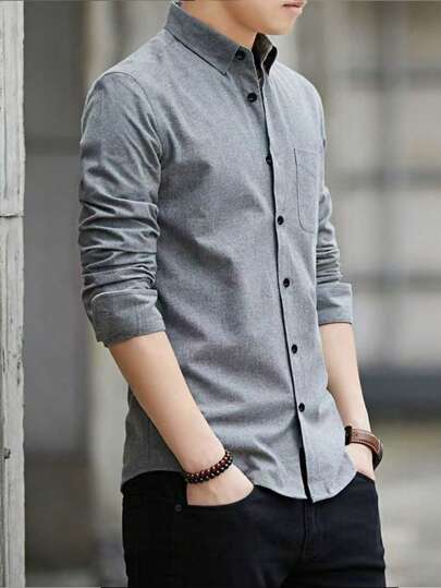 قميص كلاسيكي أزرق اللون أكمام طويلة للرجال ، أنيق ورسمي للأعمال والأناقة