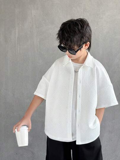 قميص محبوك فضفاض بنقشة معقدة لصبية المراهقين، قصير الأكمام مفتوح الأمام، مناسب للمدرسة والحديقة والشاطئ وحفلات الأعياد، صالح للربيع والصيف والخريف والشتاء