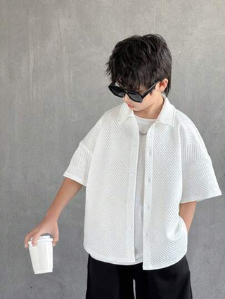 قميص محبوك فضفاض بنقشة معقدة لصبية المراهقين، قصير الأكمام مفتوح الأمام، مناسب للمدرسة والحديقة والشاطئ وحفلات الأعياد، صالح للربيع والصيف والخريف والشتاء