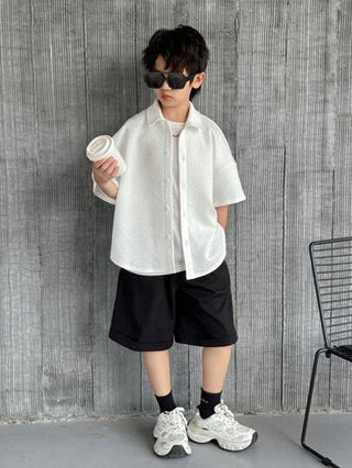 قميص محبوك فضفاض بنقشة معقدة لصبية المراهقين، قصير الأكمام مفتوح الأمام، مناسب للمدرسة والحديقة والشاطئ وحفلات الأعياد، صالح للربيع والصيف والخريف والشتاء