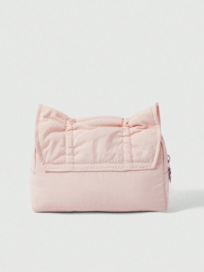 ROMWE Kawaii مجموعة حقيبة مستحضرات تجميل وقلم كبيرة السعة قابلة للحمل بديكور شريط وردي لطيف على الزيبرة على الطراز الكوري القديم