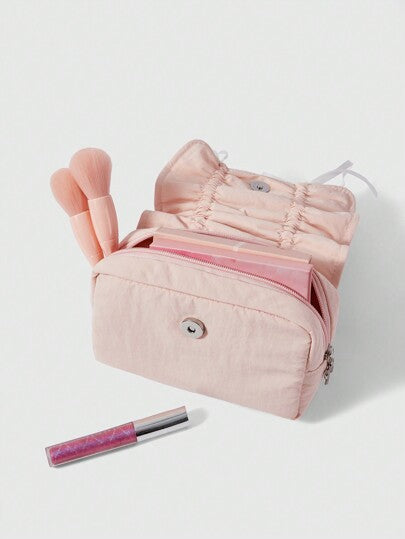 ROMWE Kawaii مجموعة حقيبة مستحضرات تجميل وقلم كبيرة السعة قابلة للحمل بديكور شريط وردي لطيف على الزيبرة على الطراز الكوري القديم