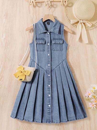تيشيرتات بناتي فستان صيفي للفتيات ذو طي و أزرار أمامية في طراز بوهيمي و غسل جينز, ملابس فساتين صيفية للفتيات