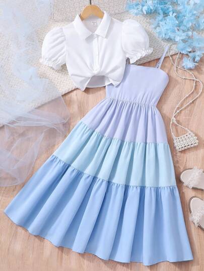 تيشيرتات بناتي مجموعة من قطعتين للبنات البراعم ملابس صيفية مكونة من قميص كاجوال خفيف + فستان من نوع أومبير بتصميم كامي